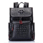 Stylish black textured backpacks with crocodile pattern and multiple compartments for travel and daily use