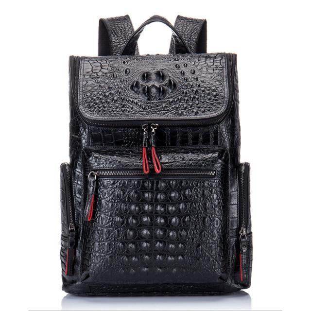 Stylish black textured backpacks with crocodile pattern and multiple compartments for travel and daily use