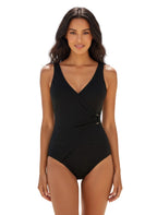 Stylish black textured one piece swimsuit with a flattering V-neckline and wrap detail