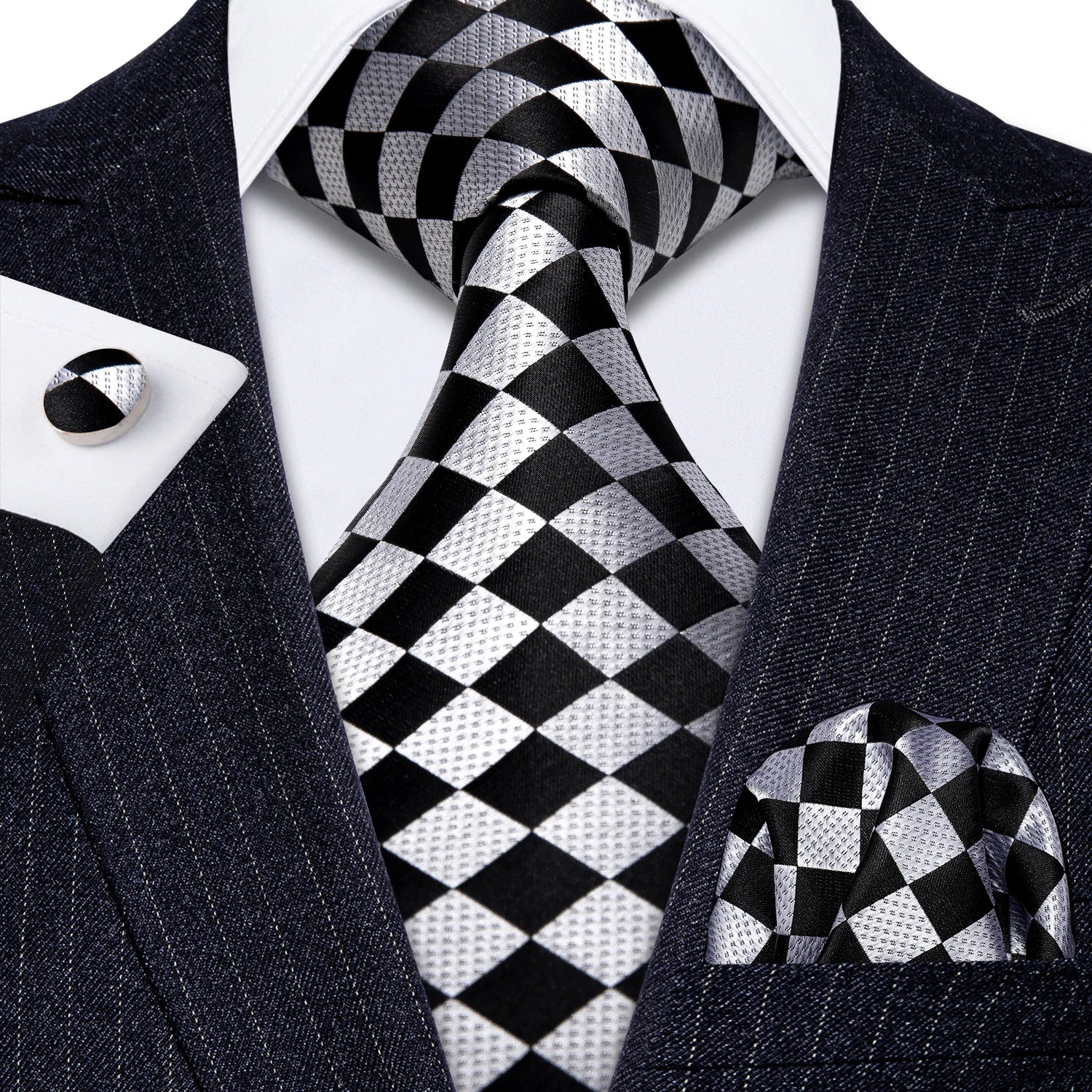 Men's black and white checkered tie and pocket square set for weddings