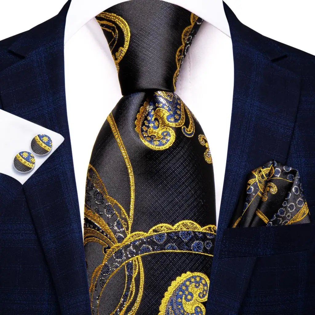 Men's paisley black tie wedding guest dress ensemble with pocket square