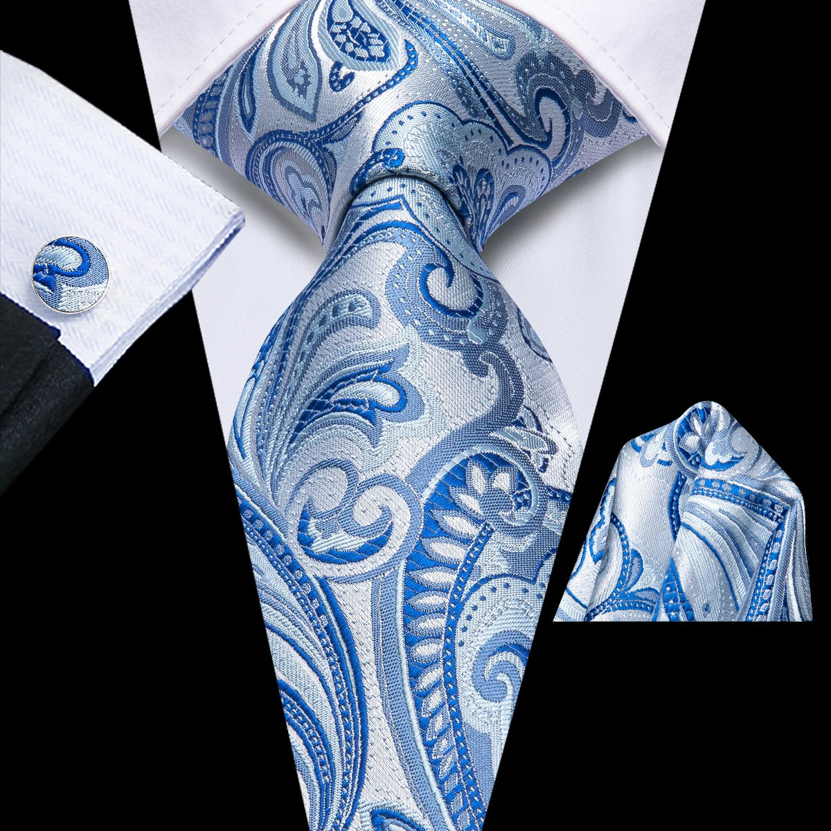 Men's silk tie in blue paisley pattern, perfect for formal events