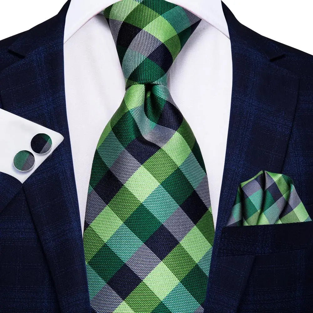 Men's green plaid tie set for black tie wedding guest dress
