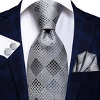 Men's gray patterned tie with matching pocket square for formal events