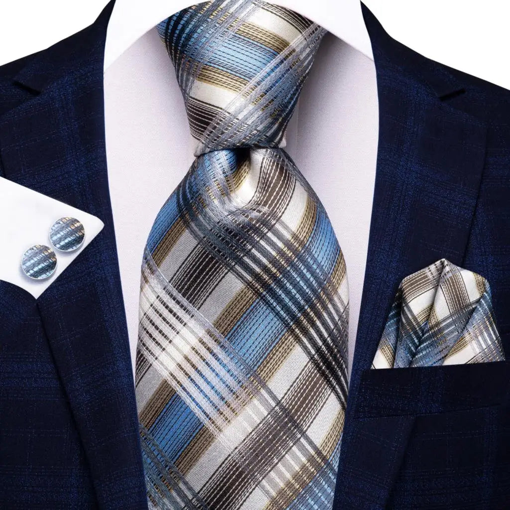 Men's plaid tie and pocket square set for formal occasions