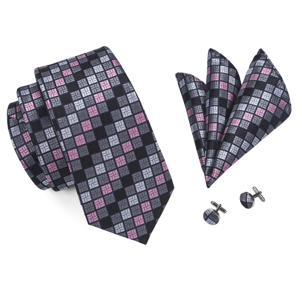 Men's plaid tie set with cufflinks, ideal for black tie wedding guest dress