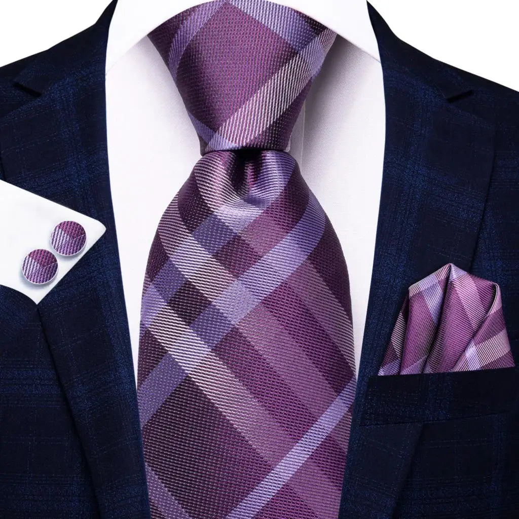 Men's purple plaid tie set, perfect for black tie wedding guest dress