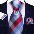 men's red and blue plaid tie set for formal occasions