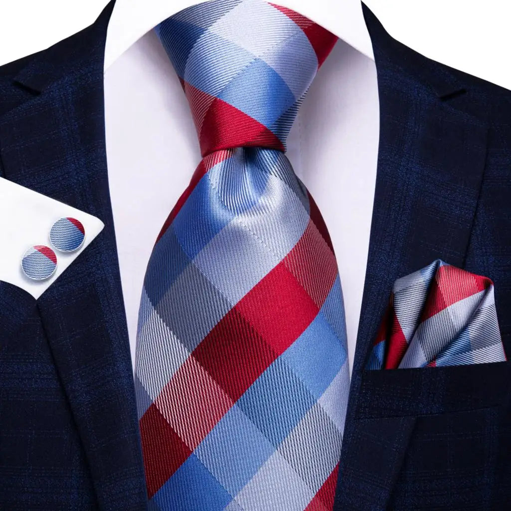 men's red and blue plaid tie set for formal occasions