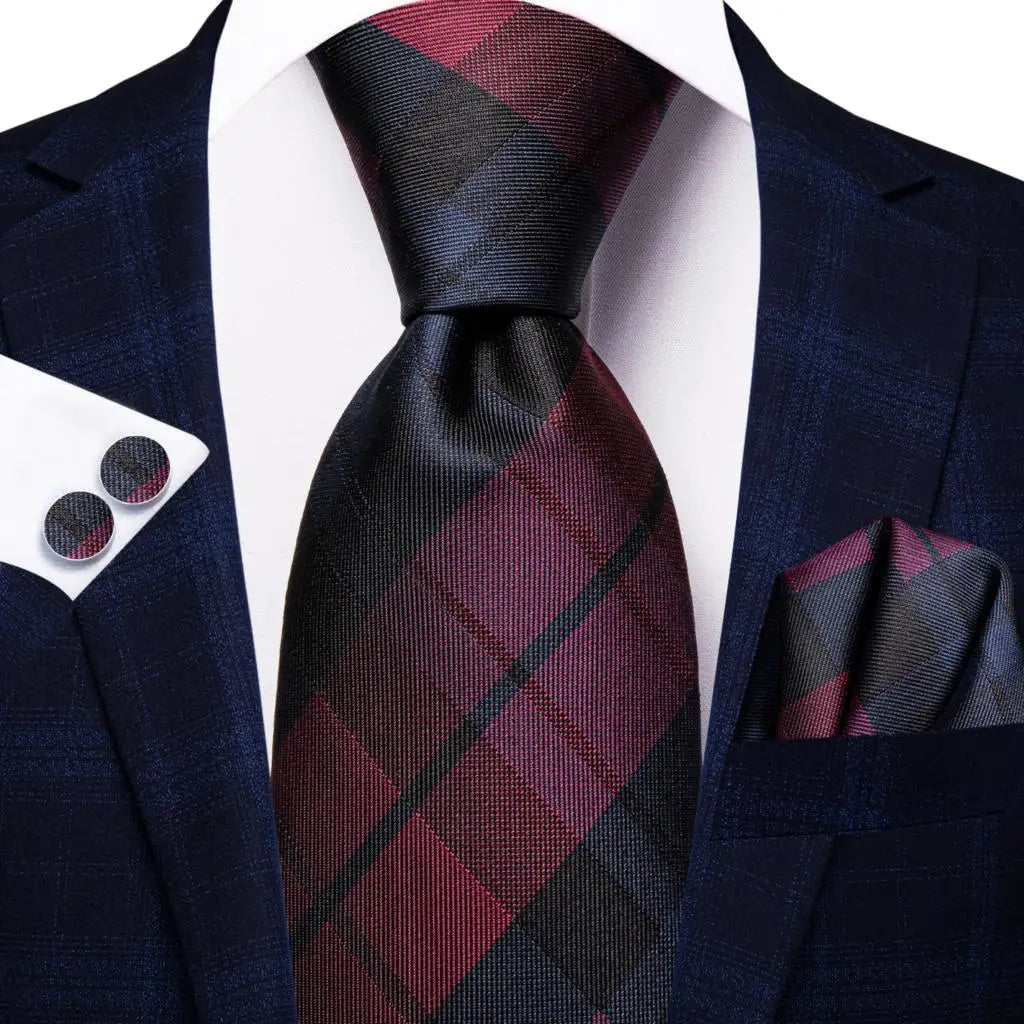 Men's plaid tie set in burgundy and black for formal occasions