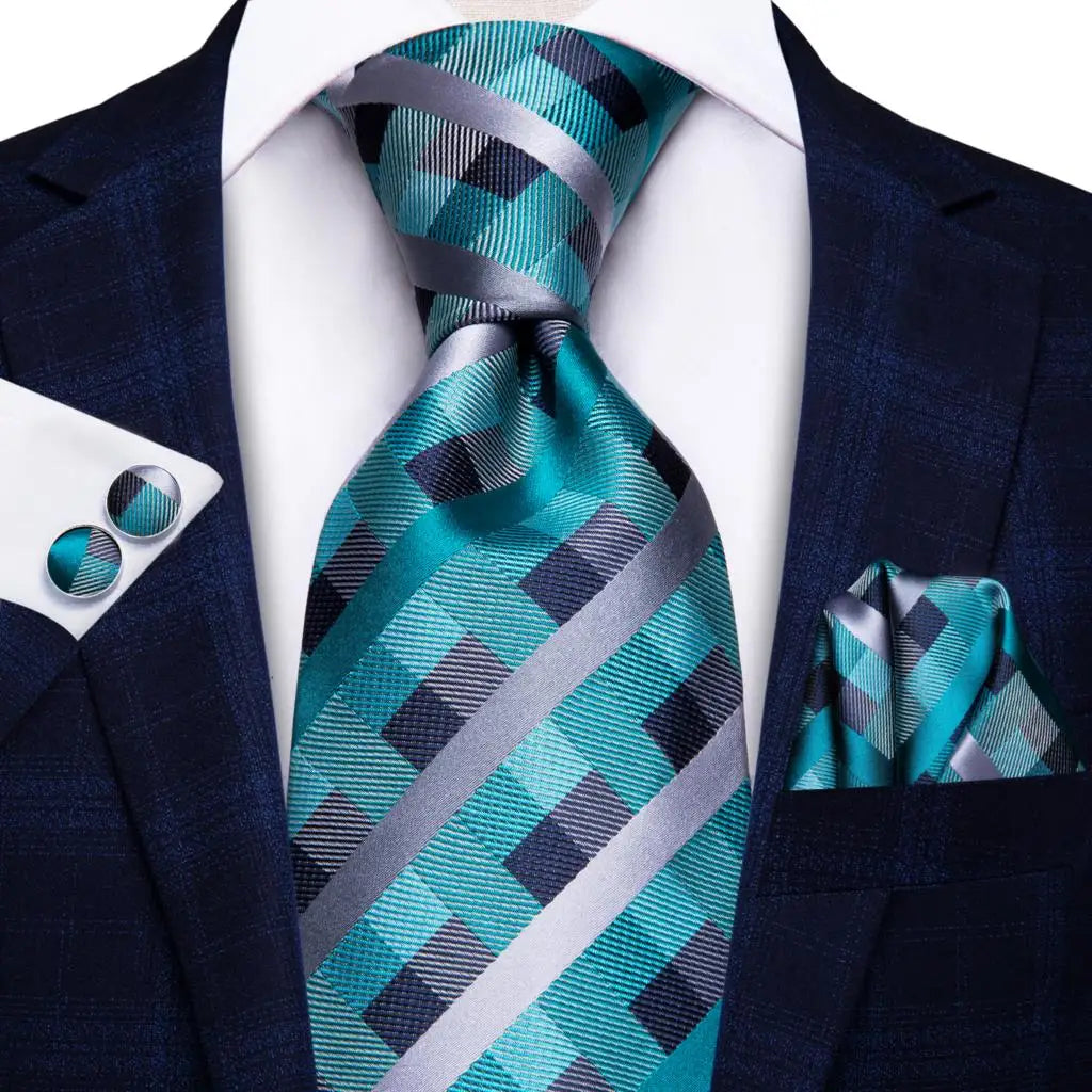 Men's teal and silver striped tie set for formal occasions