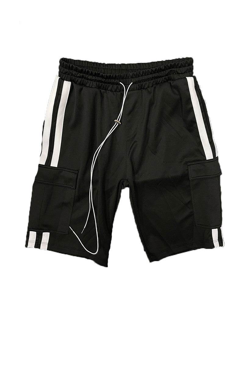 Black trendy cargo shorts men with side stripes and an elastic waistband for comfort and style