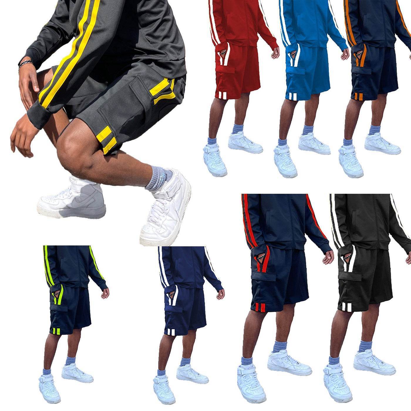Men's 2PC Track Sets featuring black trendy cargo shorts men with stylish designs and vibrant colors