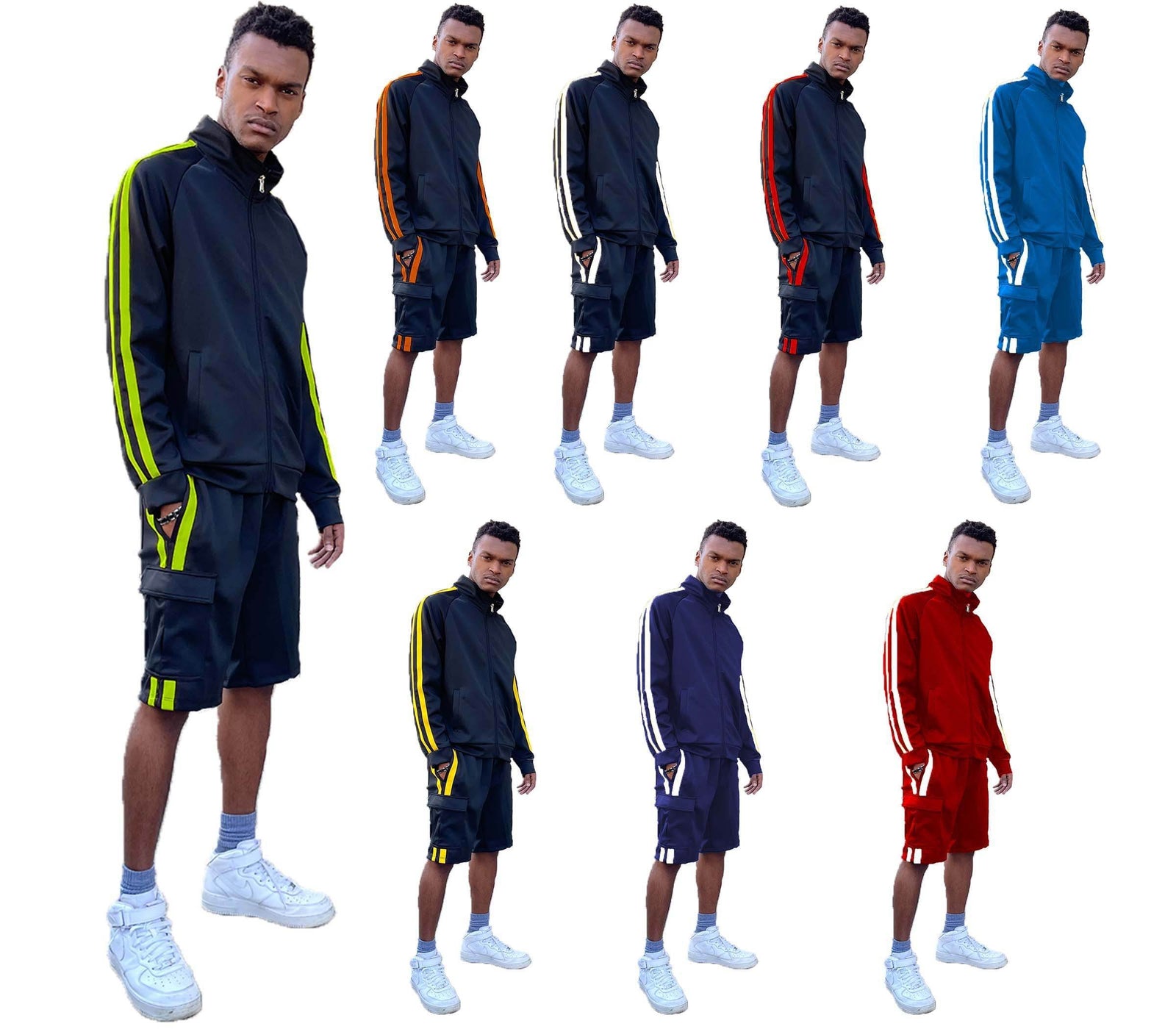 Men's 2PC Track Set with Black Trendy Cargo Shorts Men and Stylish Athletic Jackets