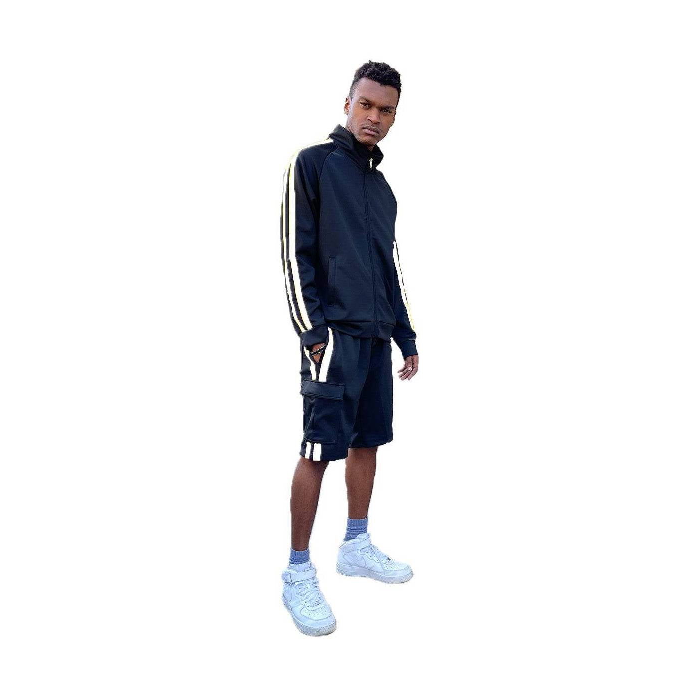 Men's 2PC Track Set featuring black trendy cargo shorts men and a matching jacket for stylish casual wear