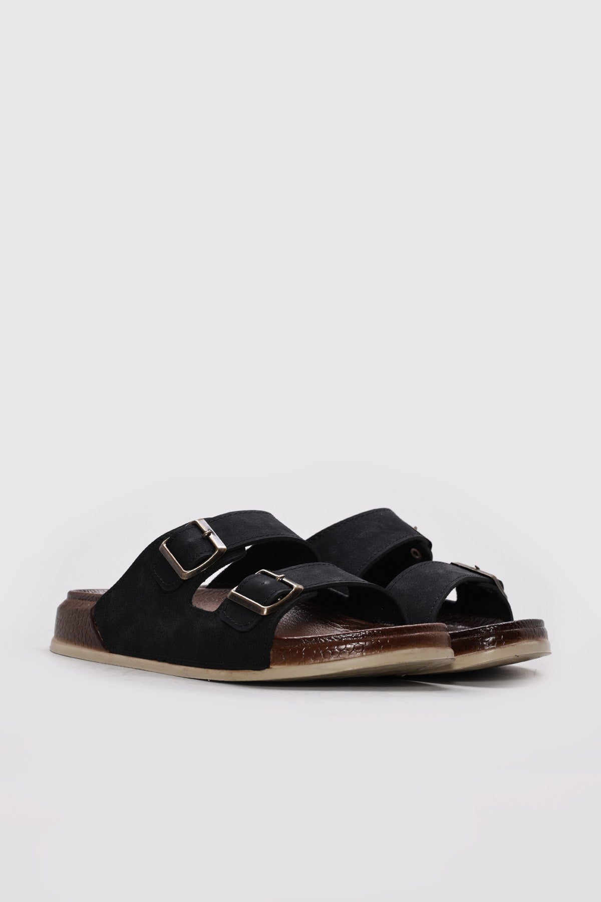 Black Twin-Strap Buckle Slide Sandals for Men – styled view