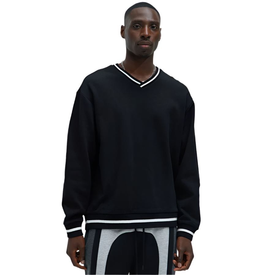 Black v-neck sweatshirt men by VacationGrabs with white striped trim on cuffs and neckline