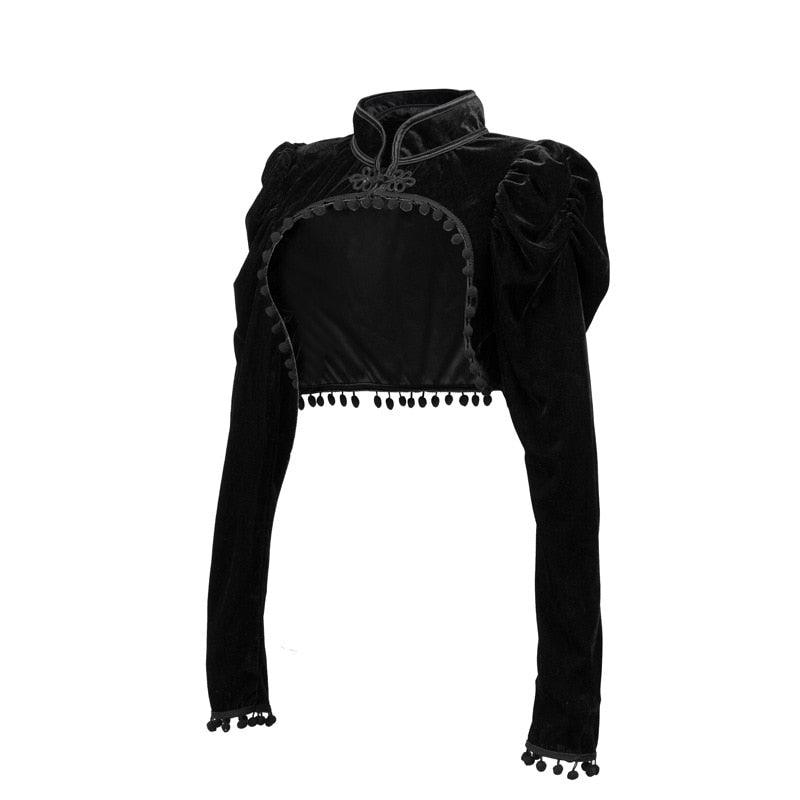 Women's Shirts - Cropped Tops Black Velvet Short Steampunk Crop Jacket Stand Long Sleeve