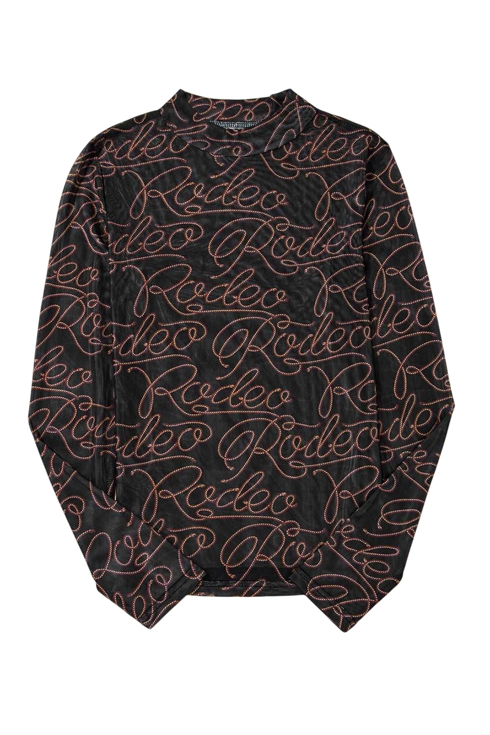 Black Western Rodeo Printed Mock Neck Long Sleeve Mesh Top