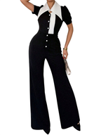 Black/White Fashionable Button-Down Wide Leg Jumpsuit