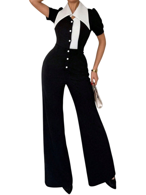 Black/White Fashionable Button-Down Wide Leg Jumpsuit