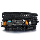 Stylish black wristband bracelet for men featuring a feather charm and mixed textures