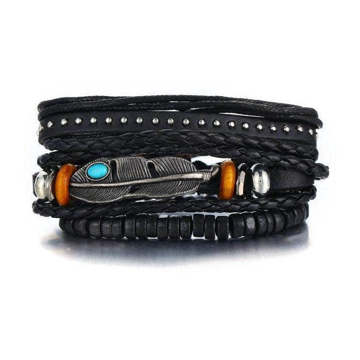 Stylish black wristband bracelet for men featuring a feather charm and mixed textures