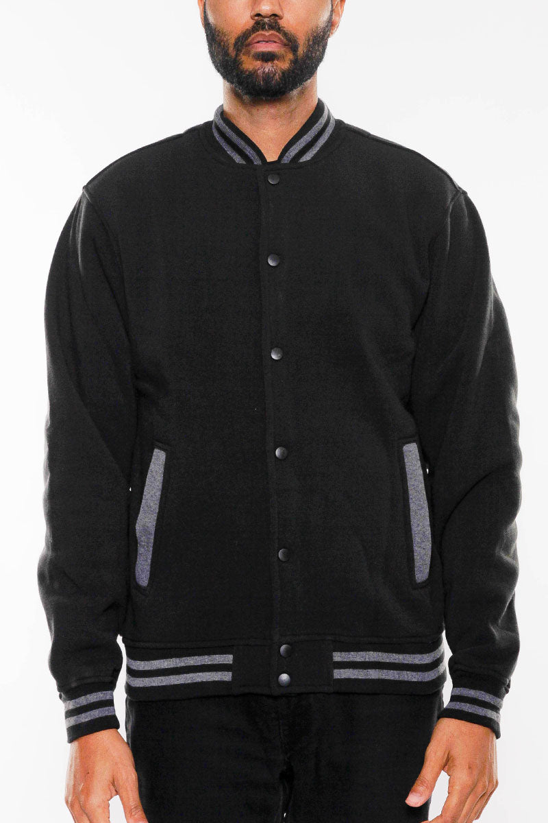 Fleece Varsity Jacket – Snap Button, Ribbed Trim
