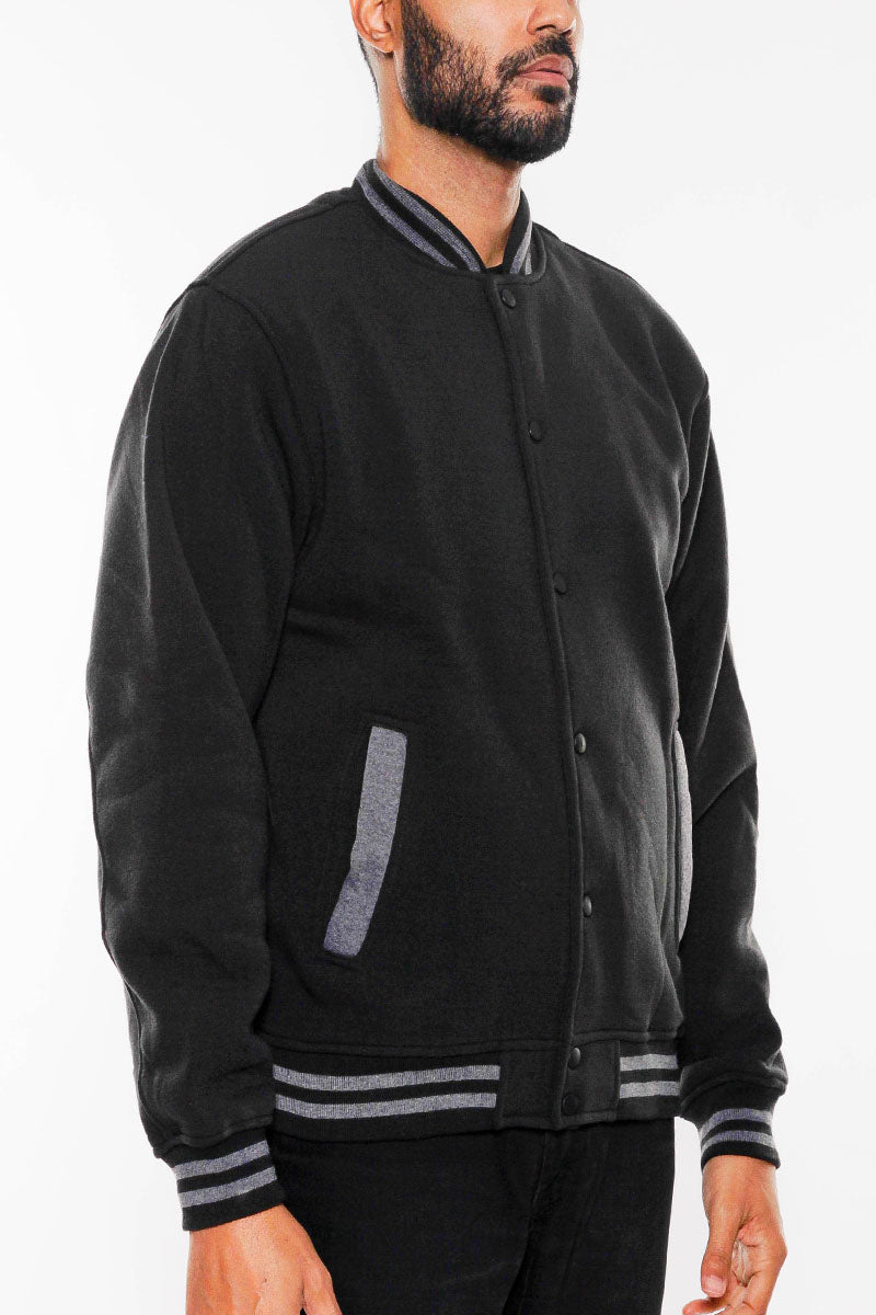 Fleece Varsity Jacket – Snap Button, Ribbed Trim