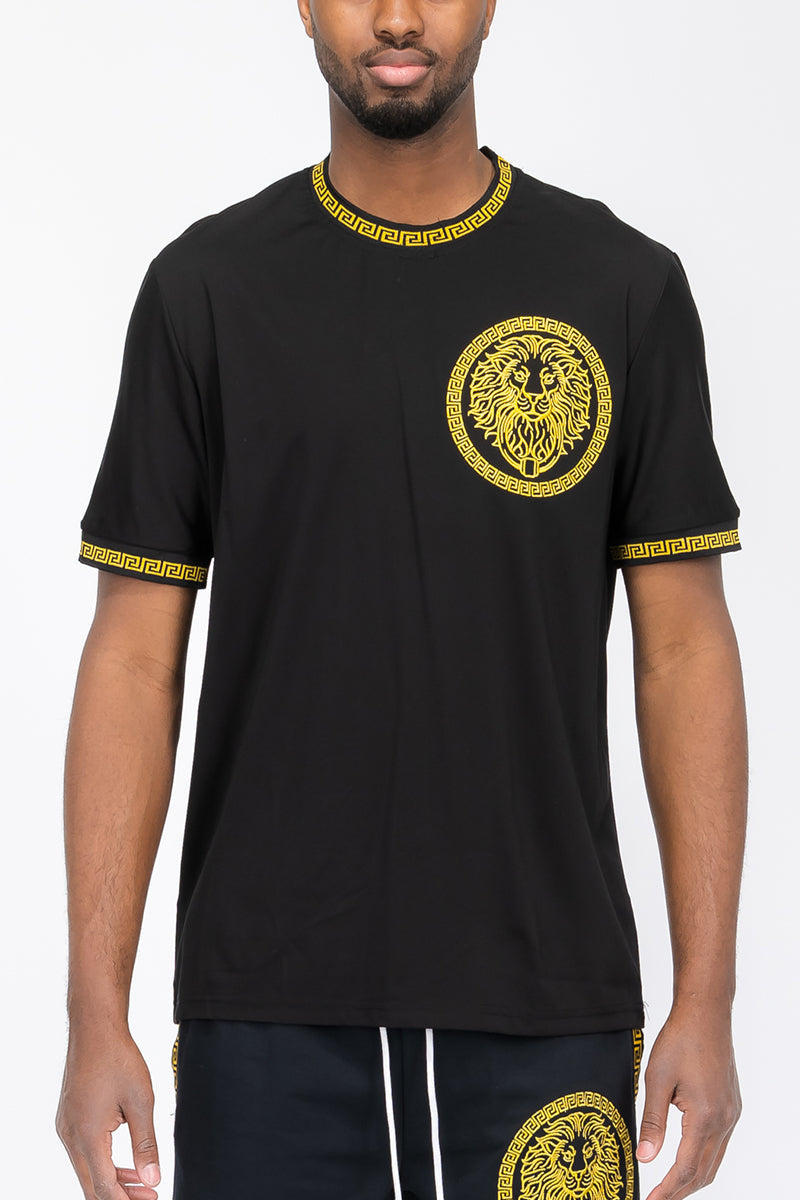 Lion Head Graphic Tee | Round Neck with Tape Detail
