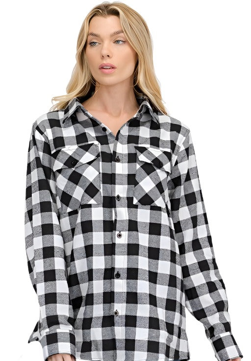 Women's Shirts Black/Multi Boyfriend Checker Plaid Flannel Long Sleeve