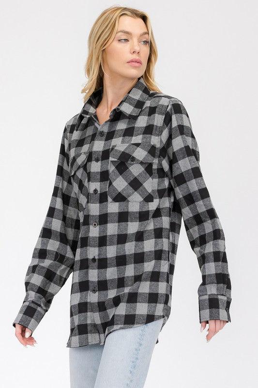 Women's Shirts Black/Multi Boyfriend Checker Plaid Flannel Long Sleeve