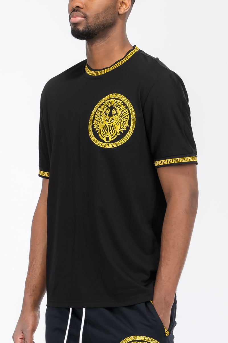 Lion Head Graphic Tee | Round Neck with Tape Detail