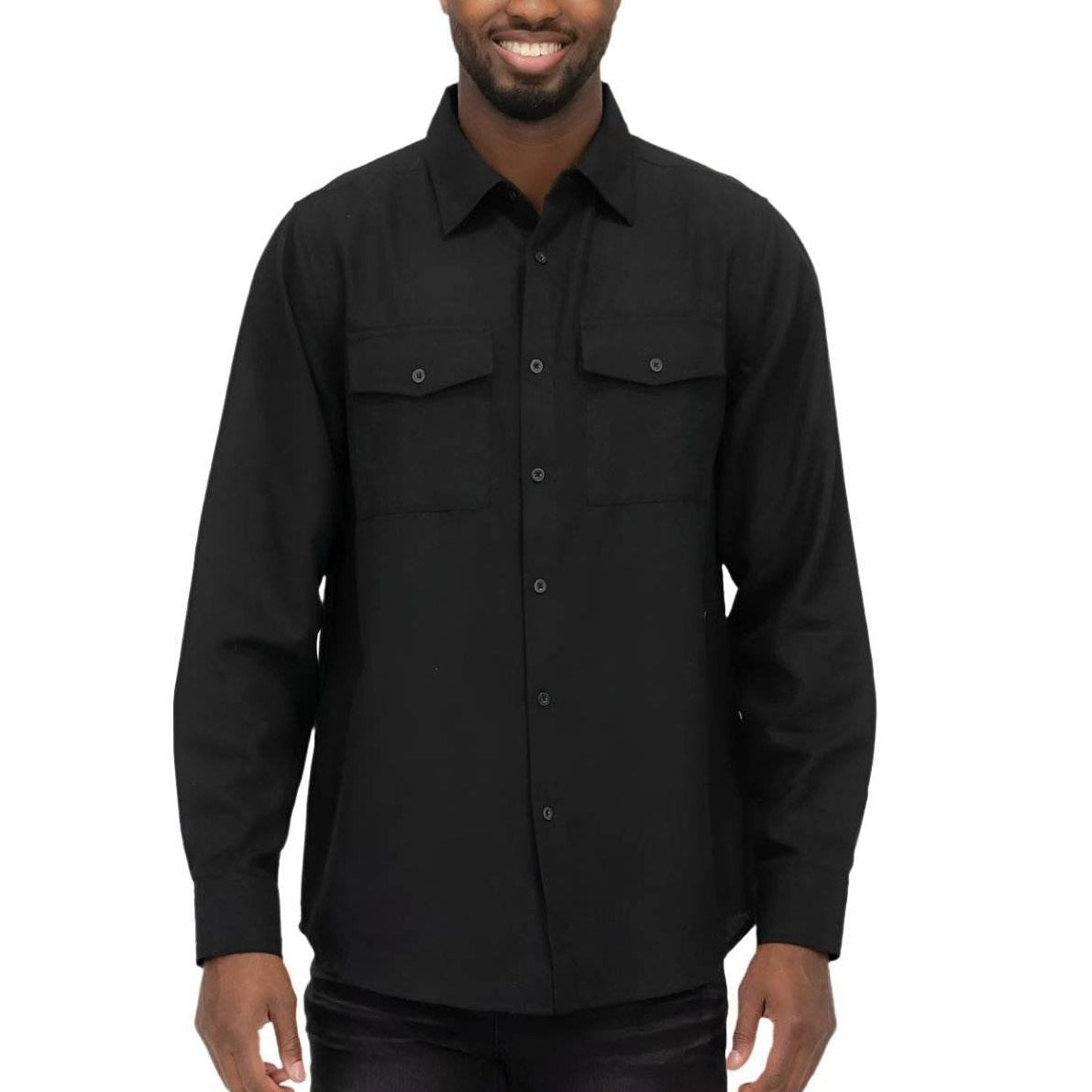 WEIV Men's Black Flannel Shirt with Long Sleeves and Button Chest Pockets, a perfect blank long sleeve shirt
