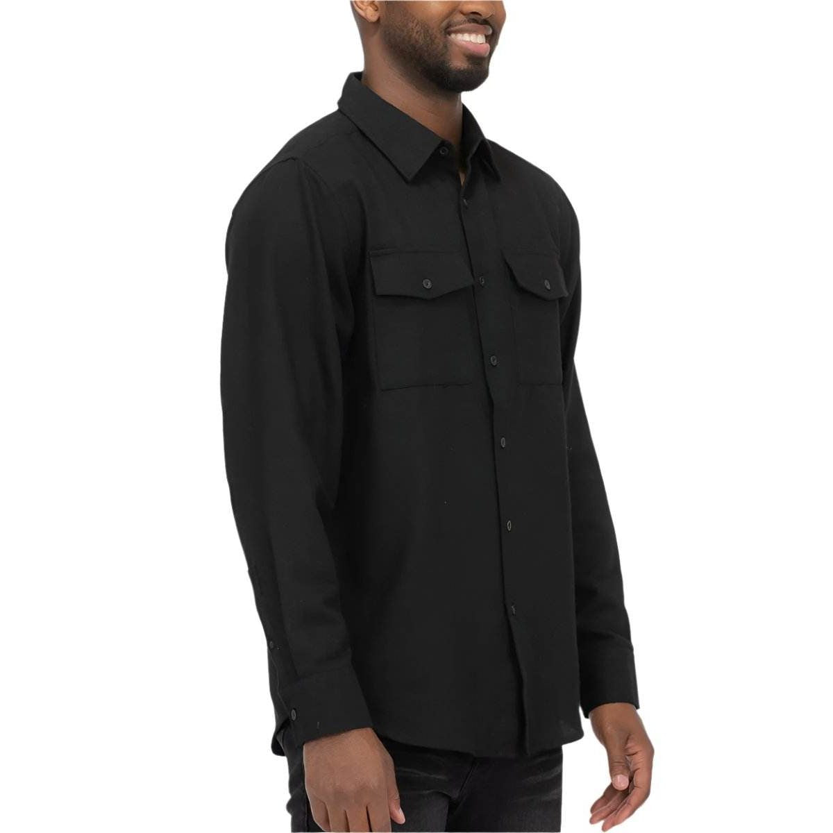 WEIV Men's Black Flannel Shirt with Long Sleeves and Pockets, perfect as a blank long sleeve shirt