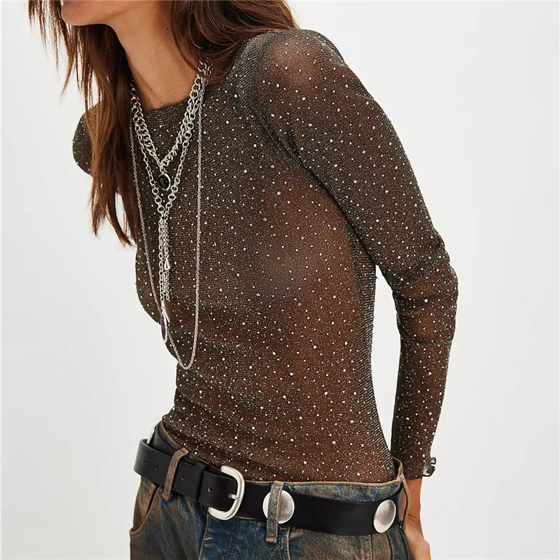 Bling Sheer Mesh Top in brown with sparkly details for stylish outfits