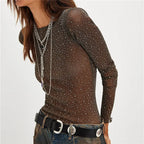 Bling Sheer Mesh Top in brown with sparkly details for stylish outfits