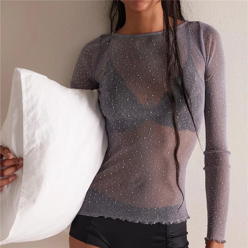 Women's Bling Sheer Mesh Top in grey, perfect for layering or beachwear