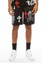 Bejewelled Chrome Skull Shorts with Elastic Waist
