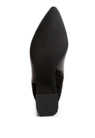 Sleek black block heel ankle boots for women with a pointed toe design and comfortable fit