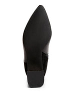 Sleek black block heel ankle boots for women with a pointed toe design and comfortable fit