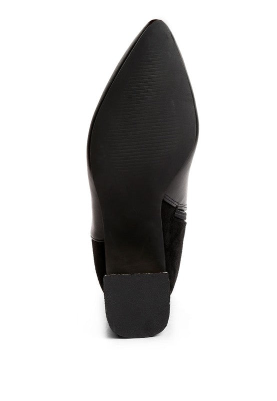Sleek black block heel ankle boots for women with a pointed toe design and comfortable fit
