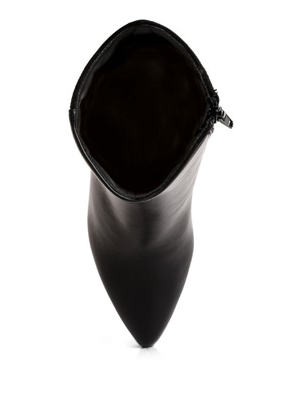 Rag Company block heel ankle boots for women in sleek black leather with pointed toe design