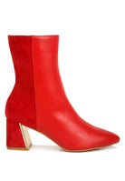Stylish red block heel ankle boots for women with a pointed toe and gold accents