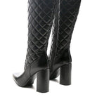 Stylish black block heel boots for women with quilted design and a knee-high fit