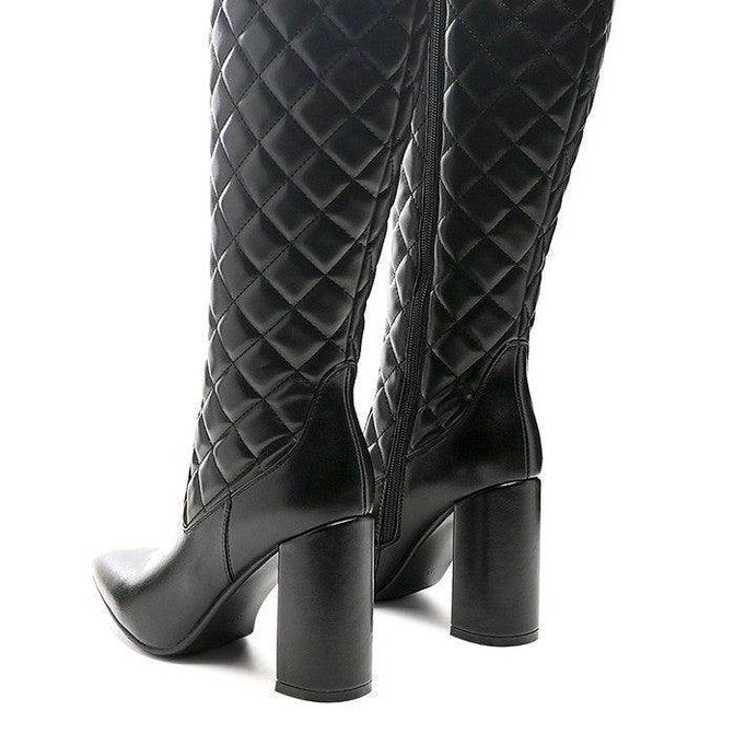 Stylish black block heel boots for women with quilted design and a knee-high fit