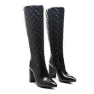 Stylish black block heel boots for women with a quilted design and pointed toe