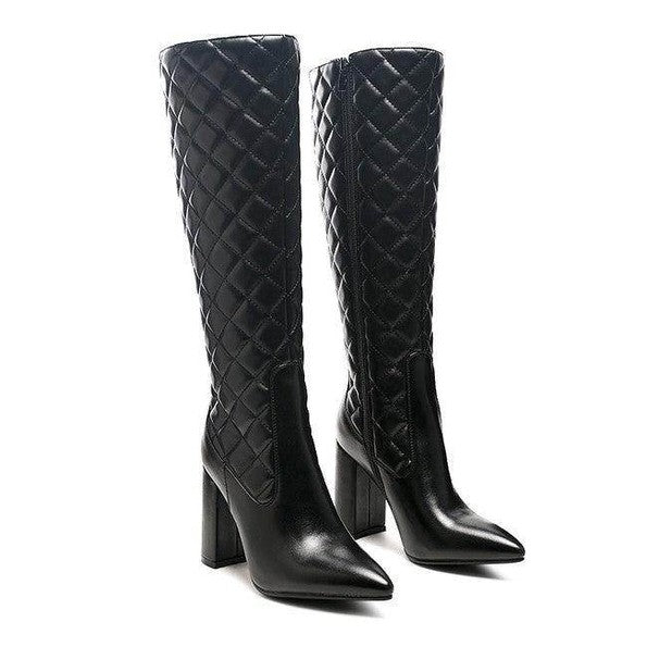 Stylish black block heel boots for women with a quilted design and pointed toe