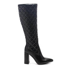 Stylish black block heel boots for women with quilted design and pointed toe