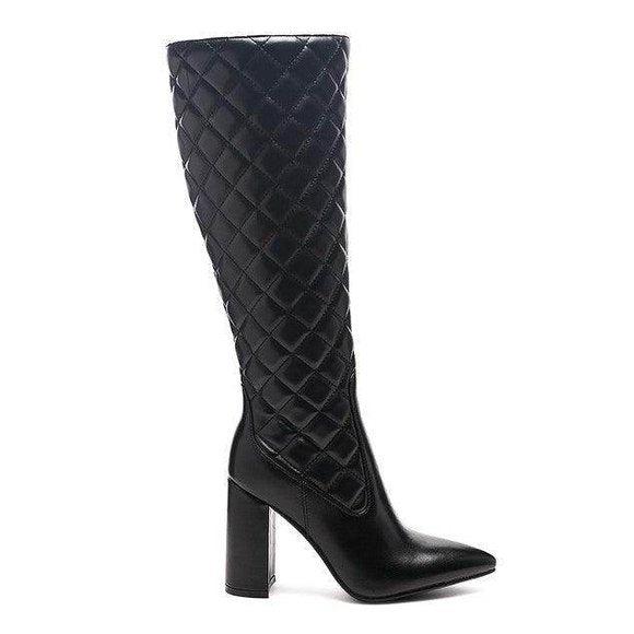 Stylish black block heel boots for women with quilted design and pointed toe